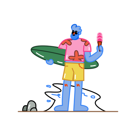 Surfer holding a surfboard on the beach  Illustration