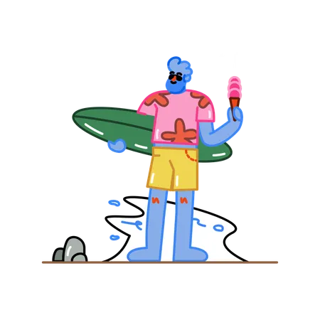Surfer holding a surfboard on the beach  Illustration