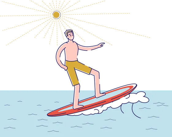 Surfer Man On Surf Board Riding Ocean Wave Young Cartoon Guy Riding Surfboard Active Extreme Surfing Vacation Adventure Lifestyle And Travel Concept Linear Vector Illustration Illustration