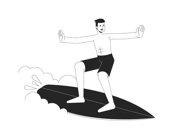 Surfer Man On Wave Bw Vector Spot Illustration Asian Male With Surfing Board 2 D Cartoon Flat Line Monochromatic Character For Web UI Design Surfen Welle Editable Isolated Outline Hero Image Illustration