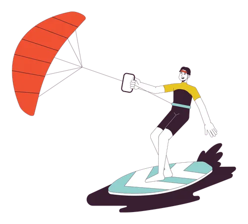 Kitesurfing Flat Line Vector Spot Illustration Surfer With Kite Standing On Board 2 D Cartoon Outline Character On White For Web UI Design Water Sports Editable Isolated Colorful Hero Image Illustration