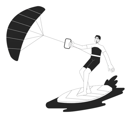 Kitesurfing Bw Vector Spot Illustration Surfer With Kite Standing On Board 2 D Cartoon Flat Line Monochromatic Character For Web UI Design Water Sports Editable Isolated Outline Hero Image Illustration