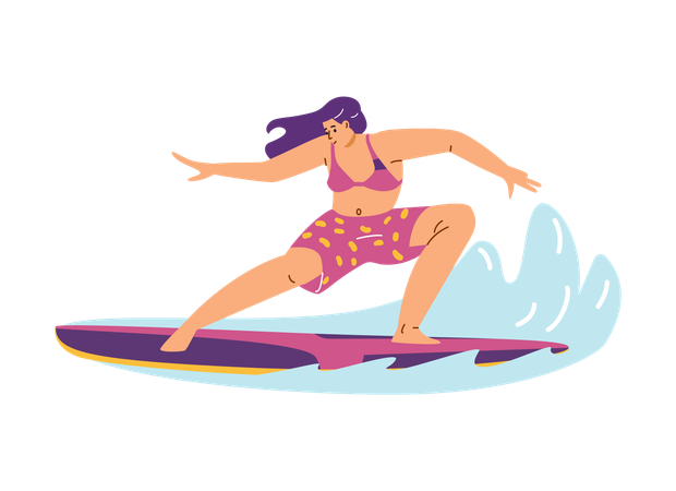 Surferin in Badeanzügen genießt die Sommerwellen auf einem Brett  Illustration