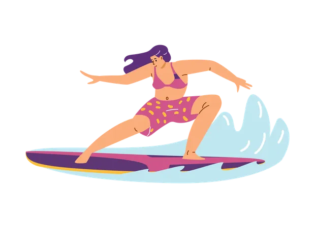 Surferin in Badeanzügen genießt die Sommerwellen auf einem Brett  Illustration