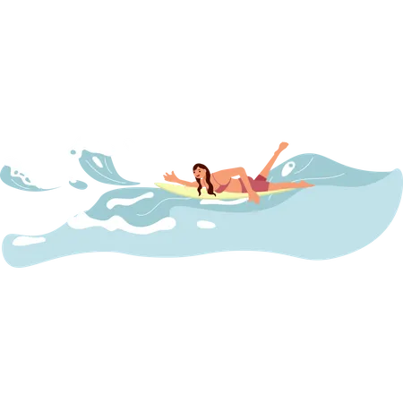 Une Surfeuse Chevauche La Vague Dans Une Mer Illustration