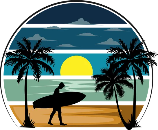Surfing Retro Design Landscape Illustration