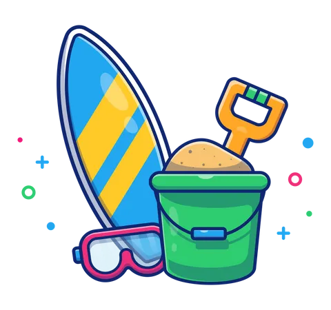 Surfing board and sand Bucket  Illustration