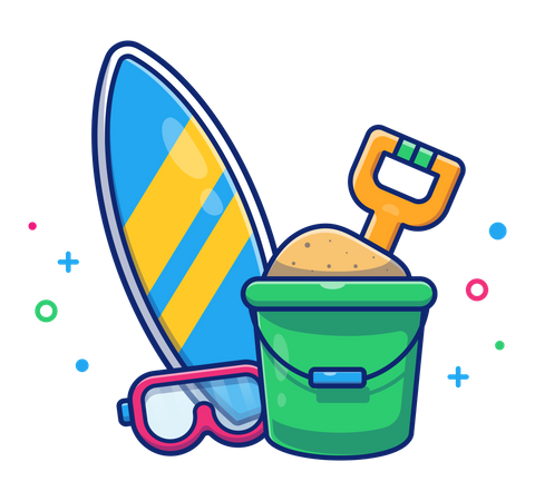 Surfing board and sand Bucket  Illustration