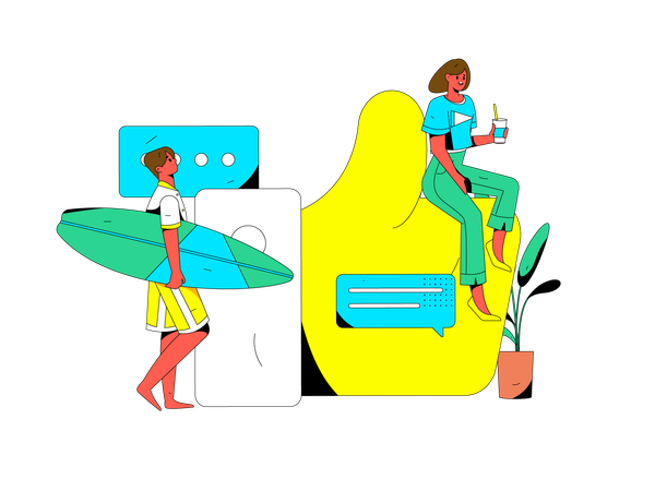 Surfing man like comment while girl holding cold drink  Illustration