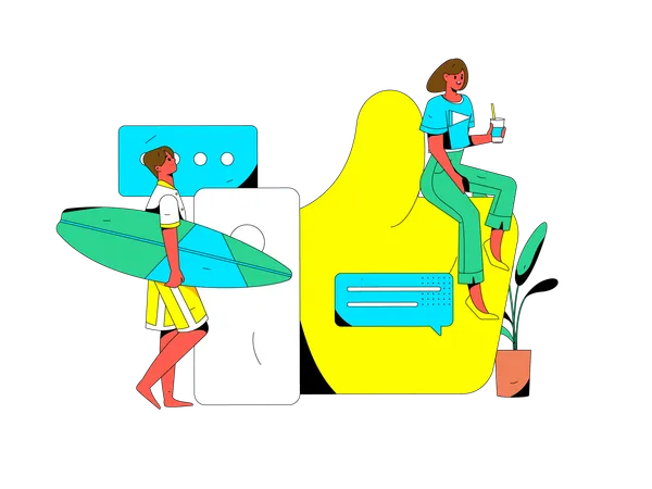 Surfing man like comment while girl holding cold drink  Illustration