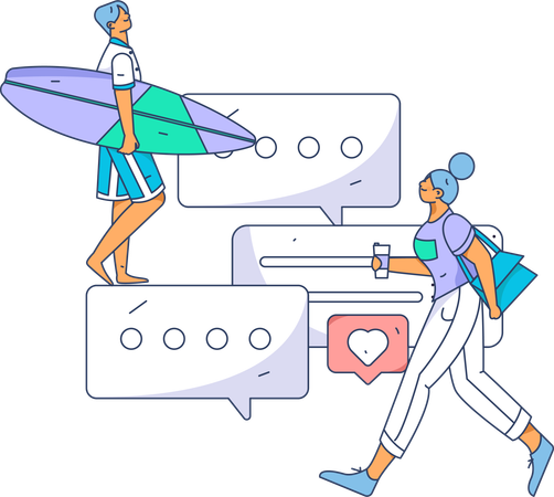 Surfing man looking comment on social media while woman walking  Illustration