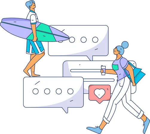 Surfing man looking comment on social media while woman walking  イラスト