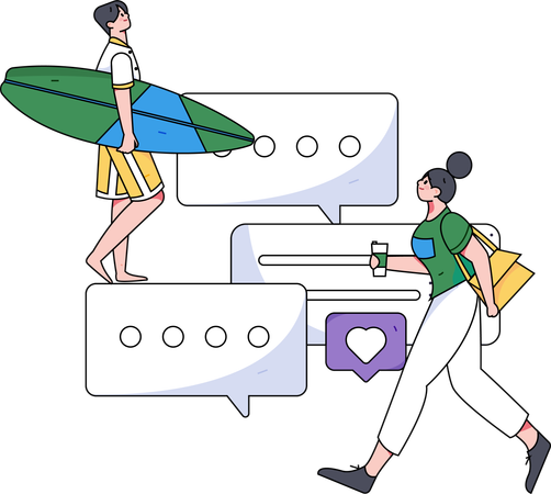 Surfing man looking comment on social media while woman walking  Illustration