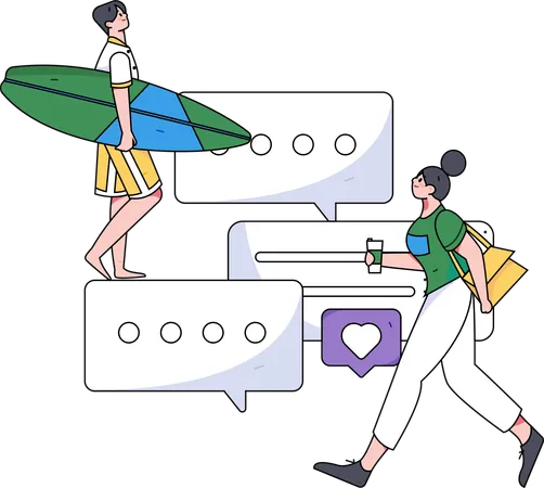 Surfing man looking comment on social media while woman walking  Illustration