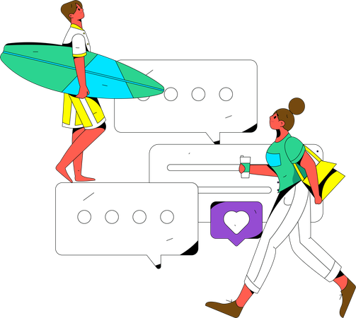 Surfing man looking comment on social media while woman walking  Illustration