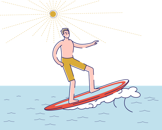 Hombre surfista en tabla de surf montando olas del océano  Ilustración