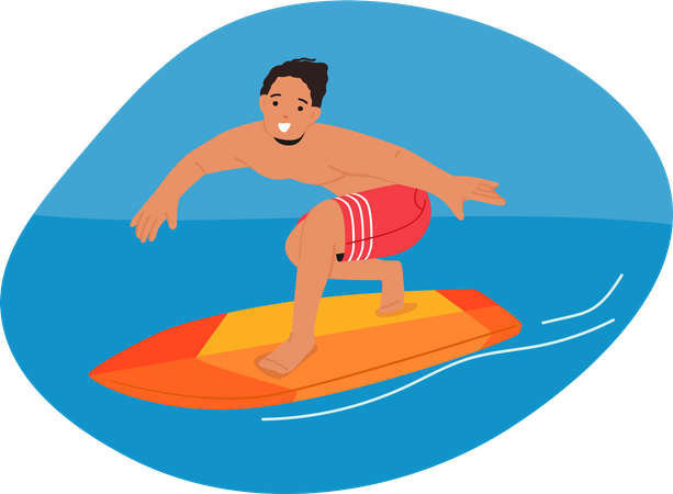 Hombre surfista en tabla de surf montando olas del océano  Ilustración