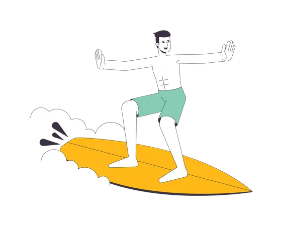 Homem Surfista Na Ilustracao De Ponto Vetorial De Linha Plana De Onda Homem Asiatico Com Personagem De Contorno De Desenho Animado 2 D De Prancha De Surf Em Branco Para Design De UI Web Imagem De Heroi Colorido Isolado Editavel De Surfen Welle Ilustração