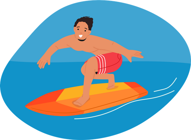 Homem surfista na prancha de surf andando nas ondas do mar  Ilustração