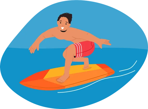 Homem surfista na prancha de surf andando nas ondas do mar  Ilustração