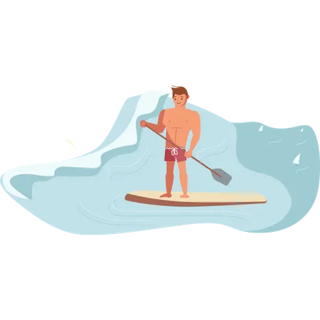 Surfista De Remo Masculino Monta A Onda No Mar Ilustração