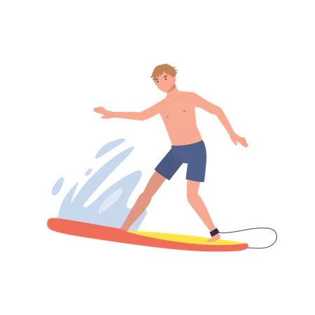 Deporte Acuatico De Superficie De Verano Hombre En La Tabla De Surf Surf Tabla De Surf Y Gotas De Agua Hombre Surfista Cabalgando Sobre Las Olas Ilustracion De Vector Plano Ilustración