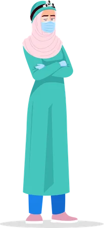Surgeon Semi Flat RGB Color Vector Illustration Surgical Operations Specialist Young Arab Woman Working As Surgeon In Uniform With Mask Isolated Cartoon Character On White Background Illustration