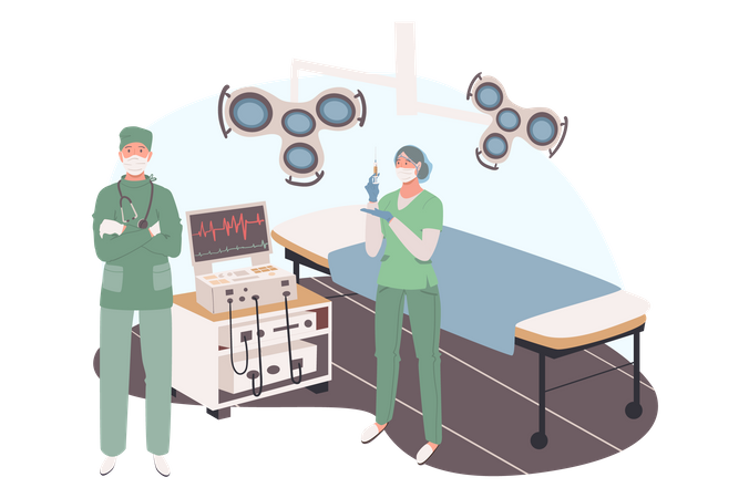 Surgeon and assistant stand in surgical room Illustration