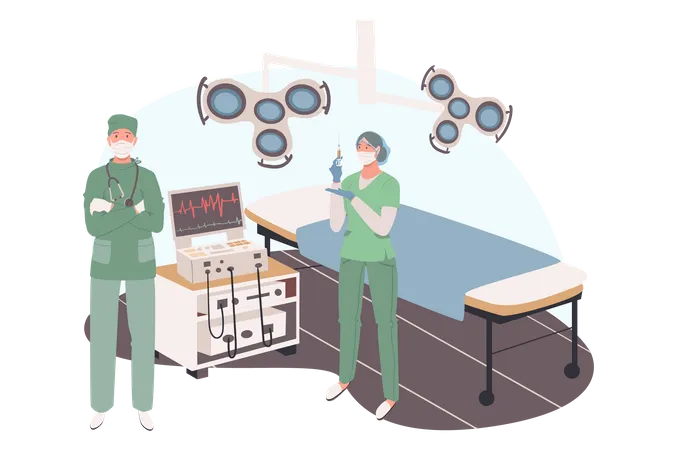 Medical Office Web Concept Surgeon And Assistant Prepare For Operation Stand In Surgical Room With Couch Monitoring System People Scenes Template Vector Illustration Of Characters In Flat Design Illustration