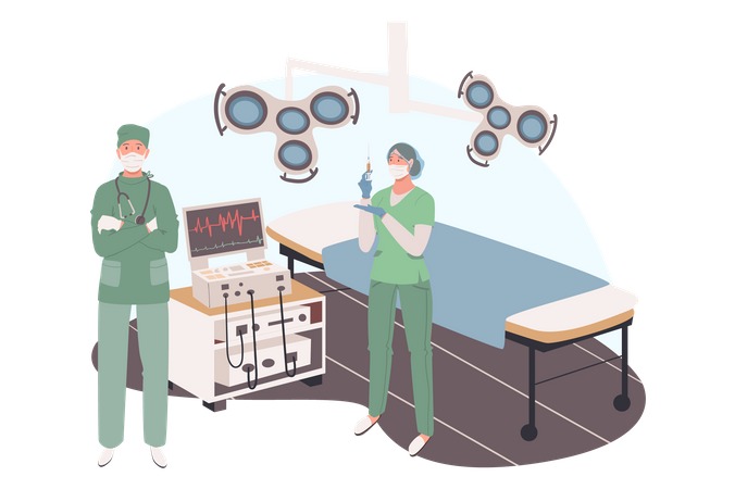 Surgeon and assistant stand in surgical room  Illustration