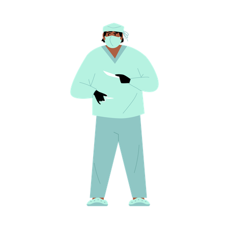 Surgeon doctor  uniform mask latex gloves with scalpel ready to work  Illustration