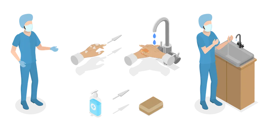 3 D Isometric Flat Vector Illustration Of Surgical Hand Scrubbing Washing Hands Illustration
