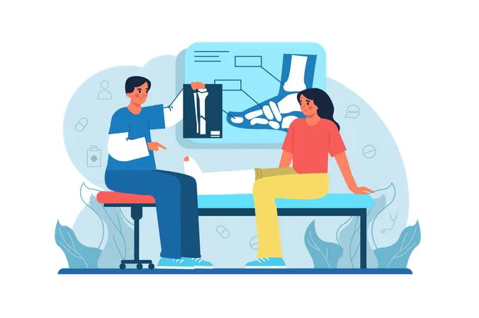 Surgeons Appointment Medicine Blue Concept With People Scene In The Flat Cartoon Style A Doctor Consults A Patient About Her Broken Leg Vector Illustration Illustration