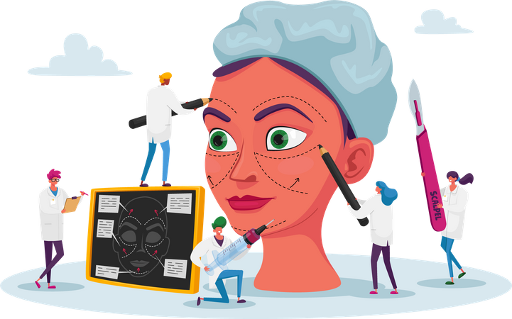 Surgeons Correcting Form of Woman Face  Illustration