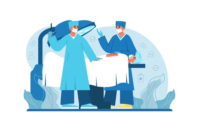 Operating Medicine Blue Concept With People Scene In The Flat Cartoon Style Surgeons Perform An Operation On A Patient Vector Illustration Illustration