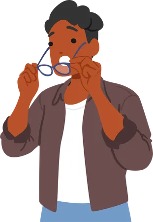 Surprised Black Male Character Holding Glasses With Open Mouth  Illustration