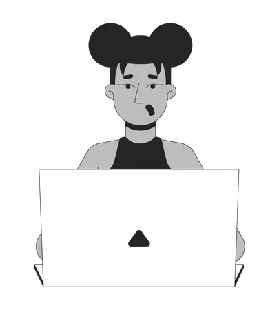 Surprised black woman working on laptop  Illustration