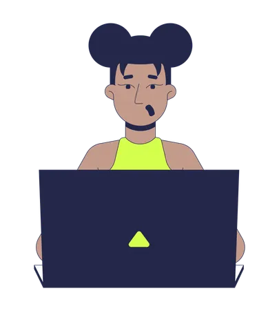 Surprised black woman working on laptop  Illustration