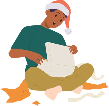 Surprised boy wearing Christmas hat while opening gift box  Illustration
