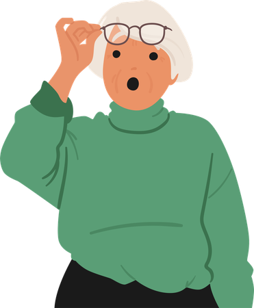 Surprised Elderly Woman Wearing Green Sweater Lifting Her Glasses  Illustration