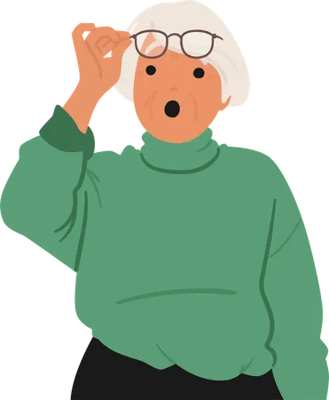 Surprised Elderly Woman Wearing Green Sweater Lifting Her Glasses  Illustration