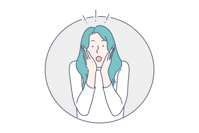 Surprised Girl Concept Shocked Amazed Astonished Young Woman With Blue Hair Putting Hands On Her Cheeks And Opened Mouth Face Expression Emotions Wondering Simple Flat Vector Illustration