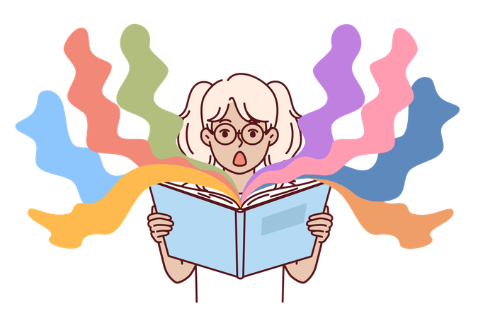 Surprised girl is reading horror book  Illustration