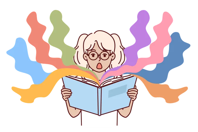 Surprised Little Girl Reads Book With Exciting Story And Opens Mouth In Delight At Plot Shocked Kid Preteen Holding Open Book With Childrens Fairy Tales With Unexpected Characters イラスト