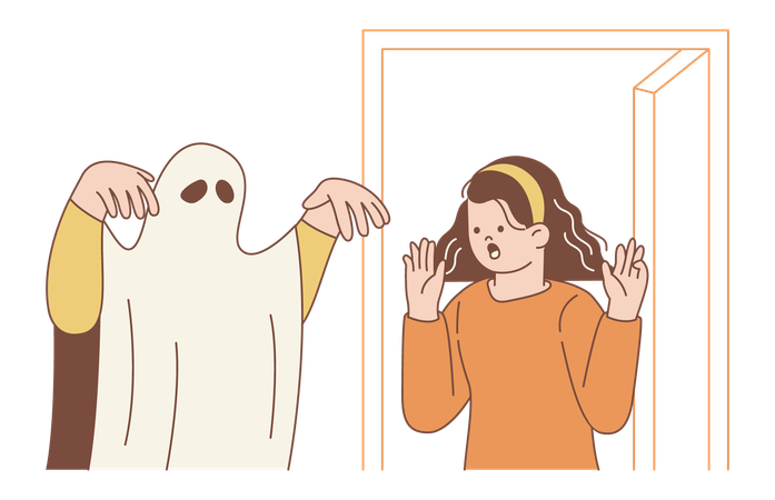 Surprised Girl Reacting to Ghost Halloween Scare  Illustration