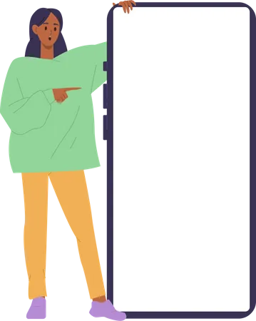 Surprised happy woman presenter character pointing at white screen of large mobile phone mockup Illustration