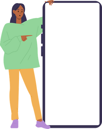 Surprised happy woman presenter character pointing at white screen of large mobile phone mockup  Illustration