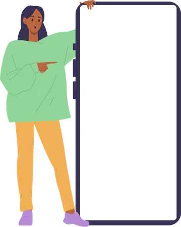 Surprised happy woman presenter character pointing at white screen of large mobile phone mockup  Illustration