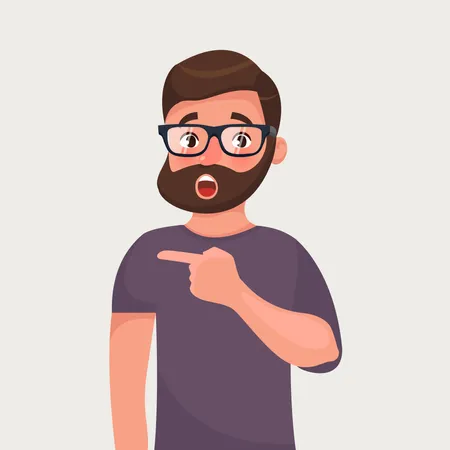 Surprised hipster beard man points Illustration