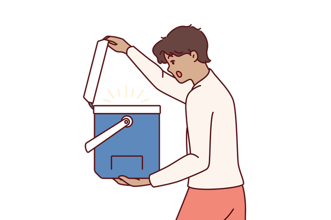 Surprised man opens portable refrigerator for ice cream  Illustration